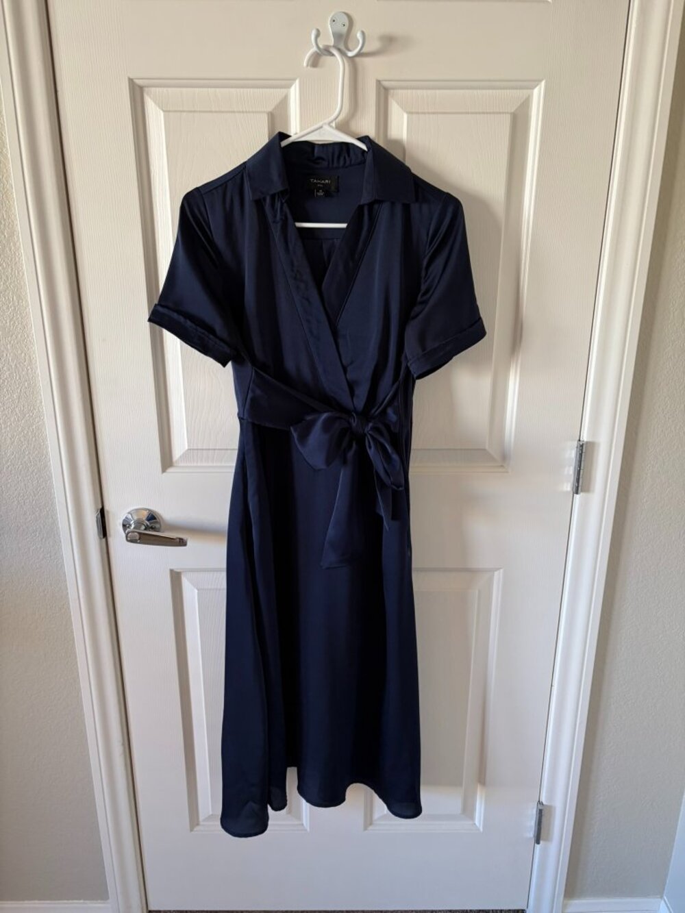 Tahari Navy Satin Faux Wrap Midi Dress — Size 4